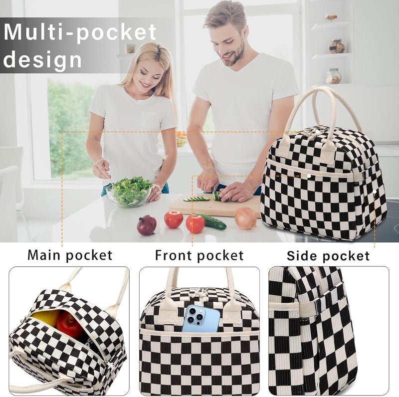 Carry bloom Lunch Box for Women, Insulated Lunch Bag Cute Corduroy Lunchbag Reusable Lunchbox for Work (checkered black white) - Image 3